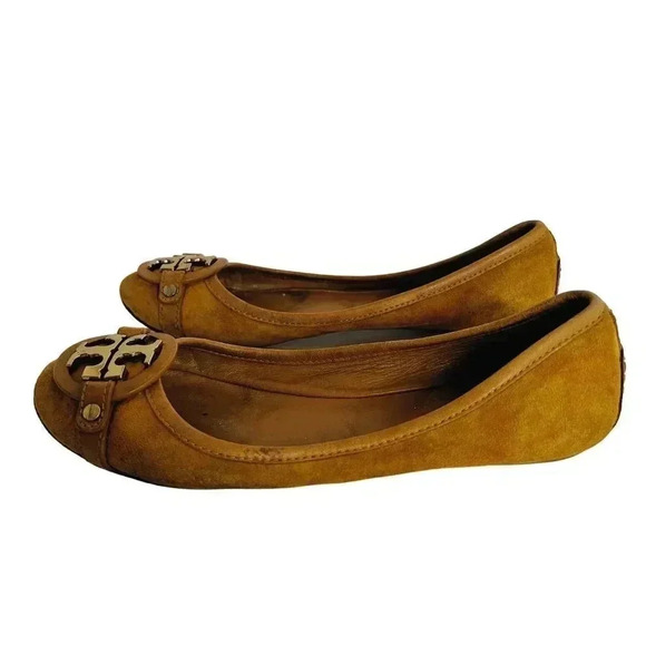 Tory Burch Yellow Suede Flats With Gold Emblem Leather Ballet Flats Size 6.5 - Picture 3 of 11